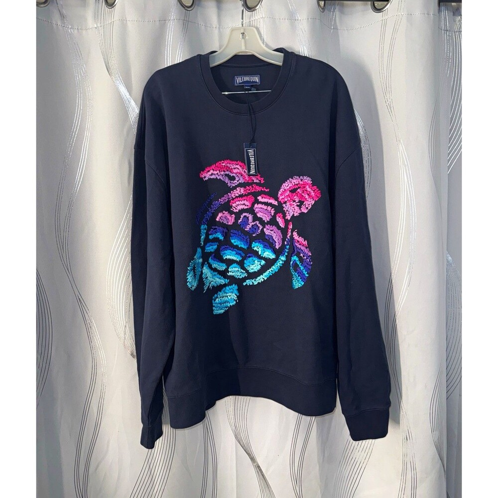 Vilebrequin Navy Cotton Blend Fleece Turtle Graphic Crewneck Sweatshirt 2XL